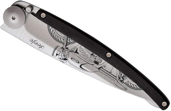 deejo - Ultra-light folding pocket knife with belt clip - 1.3 OZ Ebony version - Thin and sharp blade - Café Racer pattern - Stainless steel - Elegant and modern design