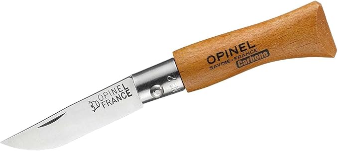 Opinel No. 02 Carbone - Carbon Steel Folding Pocket Knife, Beechwood Handle, Iconic Simple Design, Non-Locking, Made in France since 1890