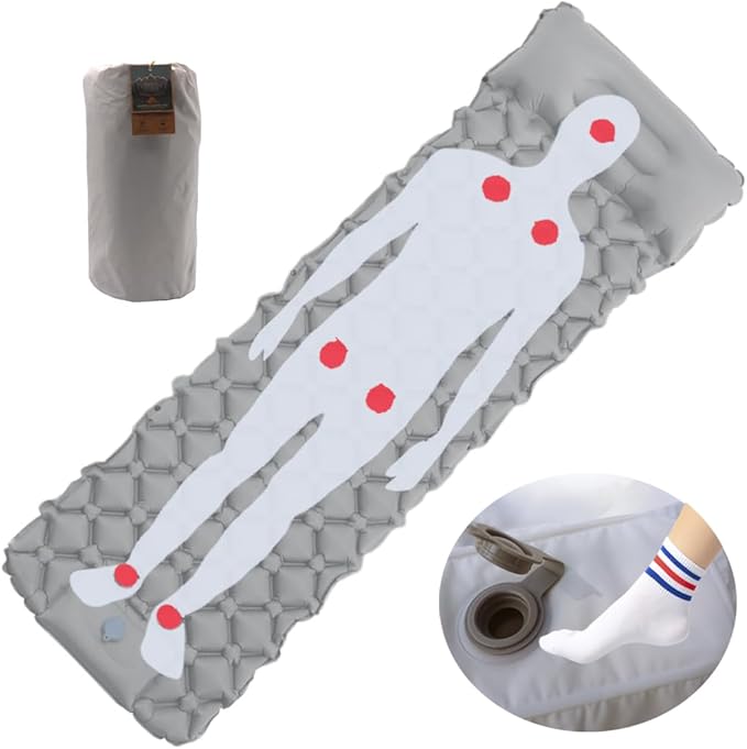Sleeping Pad for Camping, Inflatable Sleeping Mat with Pillow, Camping Pad with Built-in Foot Pump, Lightweight Camping Mattress Pad for Car Camping, Backpacking, Tent and Hiking (Single (Grey))