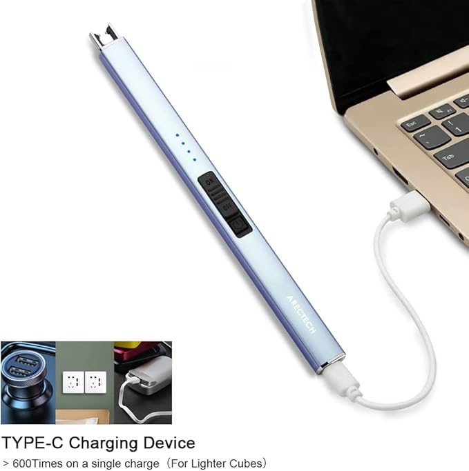 ARECTECH Lighter Electric Lighter Candle Lighter Rechargeable Type-C USB Lighter Plasma Arc Lighters for Candle Camping Kitchen Blue