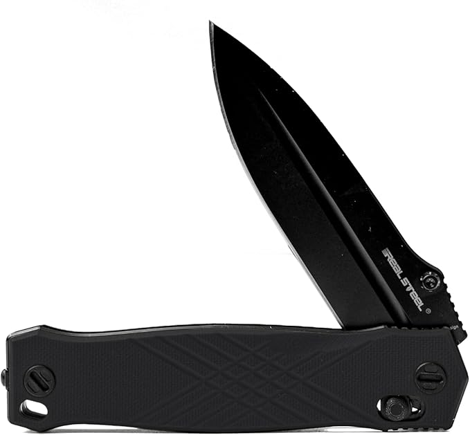 Real Steel Muninn Slide Lock Folding Pocket Knife - 3.62" VG-10 Black Blade, Milled Black G10 Handle - Perfect for Camping, Hiking, Daily Cutting Tasks - EDC Knife for Men Women - Black