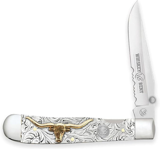 WHISKEY BENT HAT CO. Locking Trapper Folding Pocket Knife 4.125" Closed Length 440C Stainless Steel Blades (Toro - Serrated)
