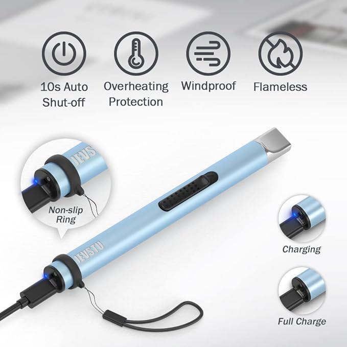 Candle Lighter, Electric Lighter Rechargeable USB Lighter, Arc Windproof Flameless Plasma Lighter Long Stick with Rope and Ring, No Butane Fluid, Perfect for Candle BBQ Camping Kitchen Stove, Blue