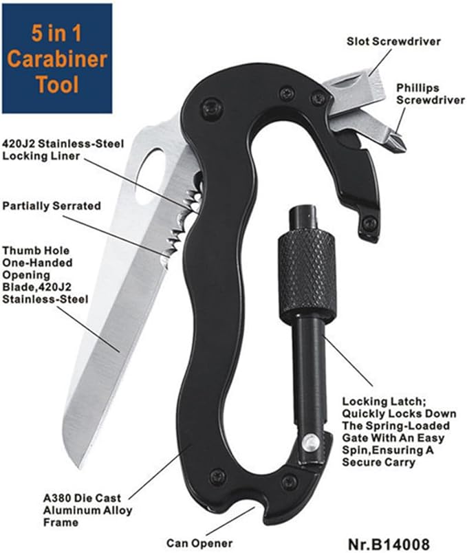 DOOM BLADE 5-in-1 multi-function portable climbing Multi-tool，bottle opener，mini carabiner, mountaineering keychain, screwdriver, EDC Gear and Equipment，portable folding carabiner knife