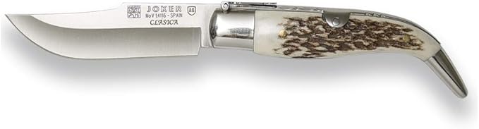 Joker "Classic NC109 Albacete Pocket Knife with Deer Horn Handle and MOVA Blade 3.14 inches, 80 gr, Includes Sheath, Fishing Tool, Hunting, Camping and Hiking