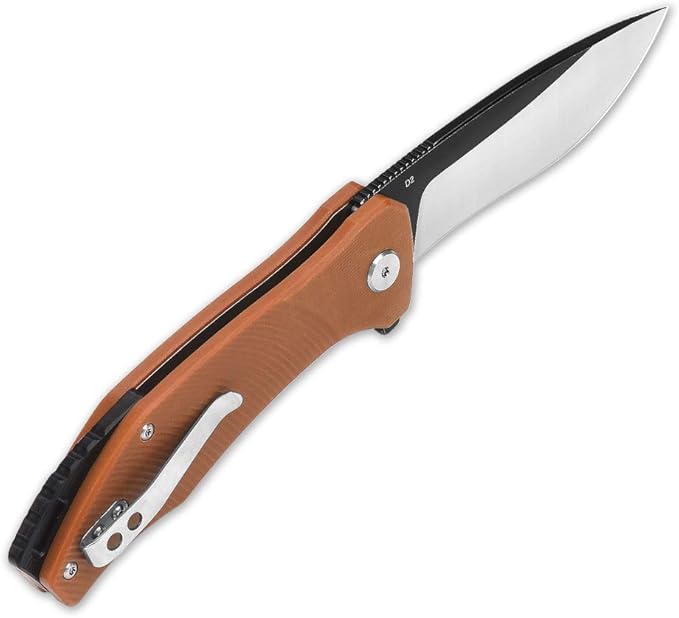 QSP Raven 4.5" Flipper Folding Pocket Knife, D2 Blade G10 handle, smooth flipper opening knife (BROWN)