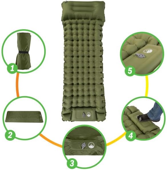 Wakeman Sleeping Pad for Camping - Inflatable Mat with Built-in Foot Pump - Waterproof Camp Mattress - Camping Gear Must Haves Outdoors (Olive)