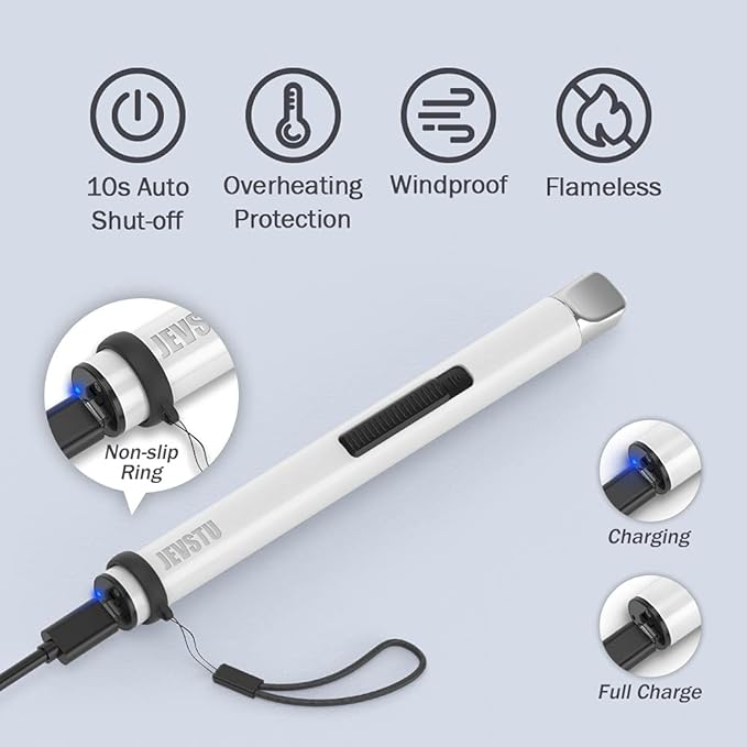 Candle Lighter, Electric Lighter USB Rechargeable Lighter, Arc Windproof Flameless Plasma Lighter Long Stick with Rope and Ring, Perfect for Candle BBQ Camping Kitchen Stove, White