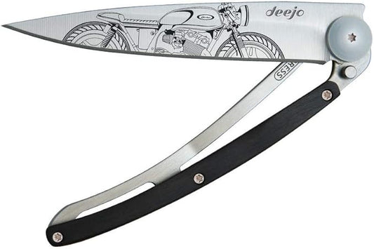 deejo - Ultra-light folding pocket knife with belt clip - 1.3 OZ Ebony version - Thin and sharp blade - Café Racer pattern - Stainless steel - Elegant and modern design