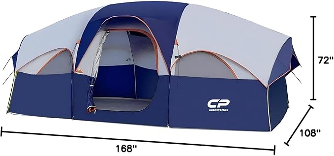 CAMPROS CP Tent 8 Person Camping Tents, Weather Resistant Family Tent, 5 Large Mesh Windows, Double Layer, Divided Curtain for Separated Room, Portable with Carry Bag