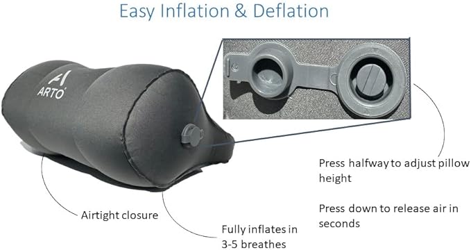 Arto Pillow- Inflatable- Ergonomic, lightweight, water-resistant, and durable Neck support for all sleeping positions. Perfect for camping, hiking, backpacking, and travel.