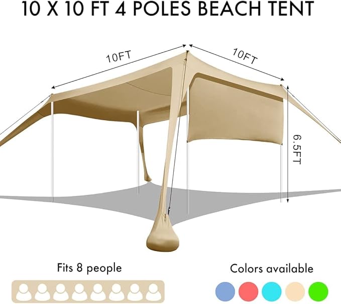 Beach Canopy Tent Shade with Sidewalls 10x10FT, 6.6FT Tall, UPF50+ Sun Shelter, Windproof & Water Resistant, Includes Guylines Sand Shovel Stability Poles, Easy Up for Beach Outdoor Camping Backyard