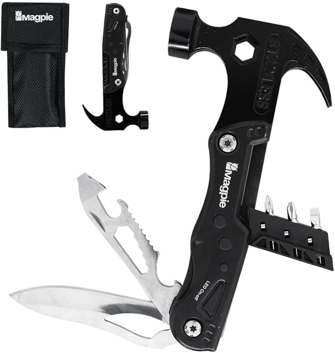 Magpie Hammer Multitool, 19 in 1 Essential Heavy-Duty Multipurpose Tool, Camping Accessories Survival Gear, Birthday Gift for Him Men Husband Son