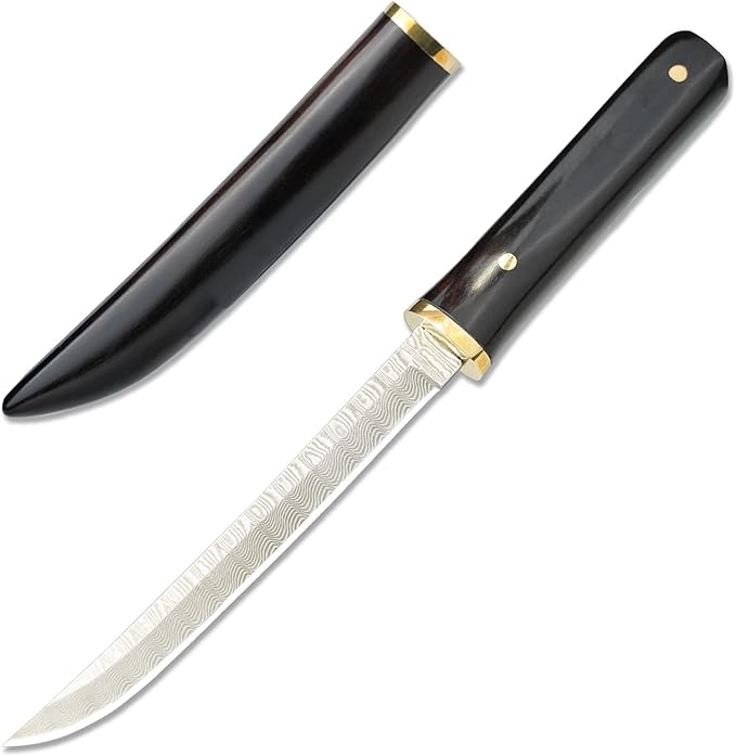 Damascus Knife Gift Men's Mini Katana Japanese Samurai Knives with Wooden Sheath, 4-1/5'' Fixed Blade Damascus Steel Pocket Knife