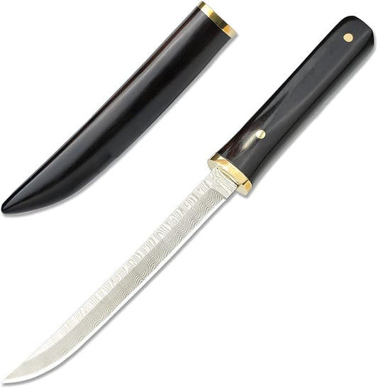 Damascus Knife Gift Men's Mini Katana Japanese Samurai Knives with Wooden Sheath, 4-1/5'' Fixed Blade Damascus Steel Pocket Knife