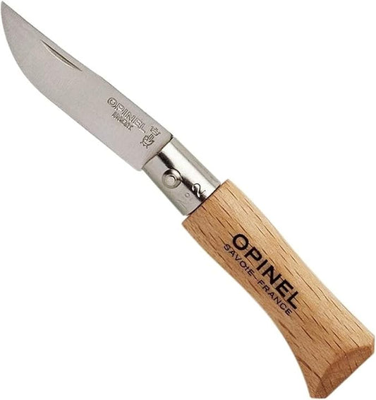 Opinel Stainless Steel Inox Folding Knife, Beechwood Handles, Smaller Sizes No.02 to No.05, Made in France (No.02)