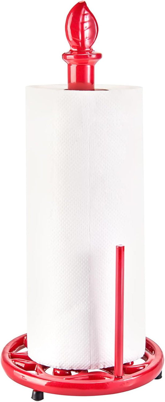 JOGREFUL Paper Towel Holder Stand, Cast Iron Kitchen Paper Towel Countertop Vintage Stand with Weighted-Base, Bathroom Organization for Family Standard Large Size Roll Paper, Leaf Top, Red