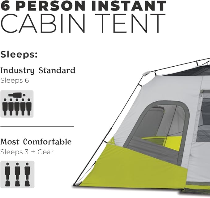 CORE Instant Cabin Tents | 6 Person / 9 Person / 10 Person / 12 Person Family Cabin Multi Room Pop Up Tents Car Camping | Included Storage Pockets for Camping Accessories