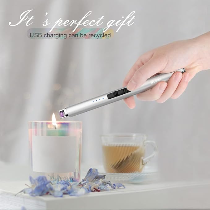 USB Rechargeable Candle Lighter Electronic Arc Lighter Windproof Flameless with Safety Button for Camping Cooking BBQ (Silver)