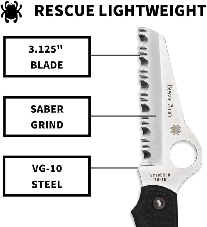 Spyderco Rescue Lightweight Knife with 3.12" VG-10 Steel Blade and Black FRN Handle - SpyderEdge - C45SBK