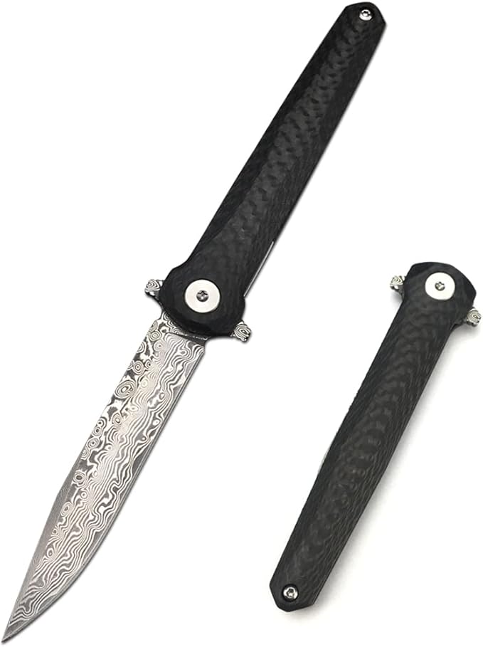 HUAAO Damascus Pocket Knife with Sheath, Gentleman Knife ceo Knife with 2.9’’ Damascus Blade, Carbon Fiber Handle, Liner Lock, Flipper Knife for EDC Outdoor Camping(black)