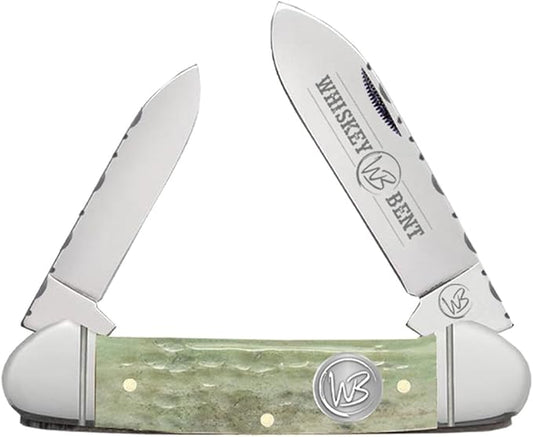 WHISKEY BENT HAT CO. Traditional Canoe Folding Pocket Knife w/Filework 3.63" Closed Length 440C Stainless Steel Blades (Ivy)