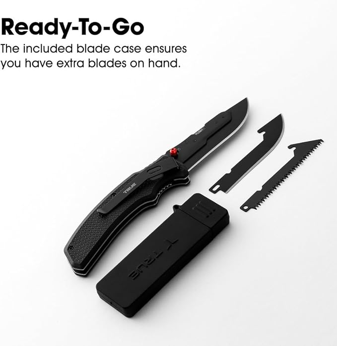 True Replaceable Blade Folding Pocket Knife, Sharp Pocket Knife with Secure Blade Release System, 3 Stainless Steel Blades: Two Fine Edge Blades and One Saw Edge Blade