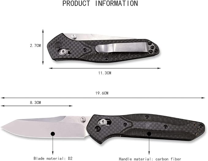 Outdoor Folding Pocket Knife, Reverse Tanto Blade, Plain Edge, Satin Finish, Black Carbon Fiber Handle With Belt Clip, Everyday Carry Thumb Studs Manual Open