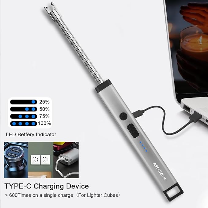 ARECTECH Lighter Candle Lighter Electric Lighter Rechargeable USB Arc Lighters for Candle Camping Fireworks Christmas Birthday Gifts with LED Light for Men Women Silver