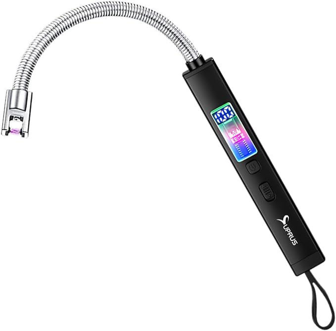 SUPRUS Electric Candle Lighter USB-C Rechargeable with Digital Battery Display Ambient Lighting Safety Switch 360° Flexible Neck Flameless Plasma Windproof Perfect for Candle BBQ Camping (Black)