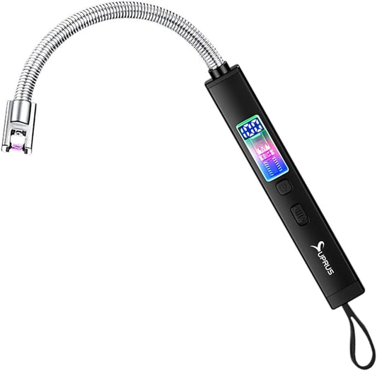 SUPRUS Electric Candle Lighter USB-C Rechargeable with Digital Battery Display Ambient Lighting Safety Switch 360° Flexible Neck Flameless Plasma Windproof Perfect for Candle BBQ Camping (Black)