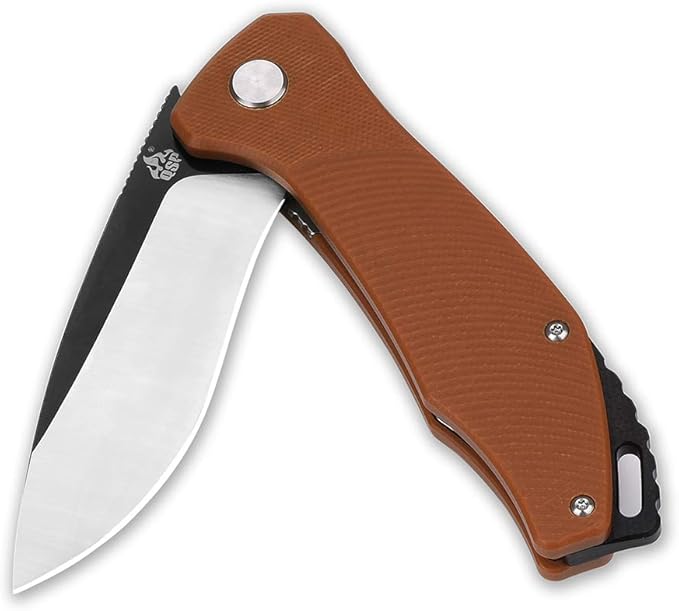 QSP Raven 4.5" Flipper Folding Pocket Knife, D2 Blade G10 handle, smooth flipper opening knife (BROWN)