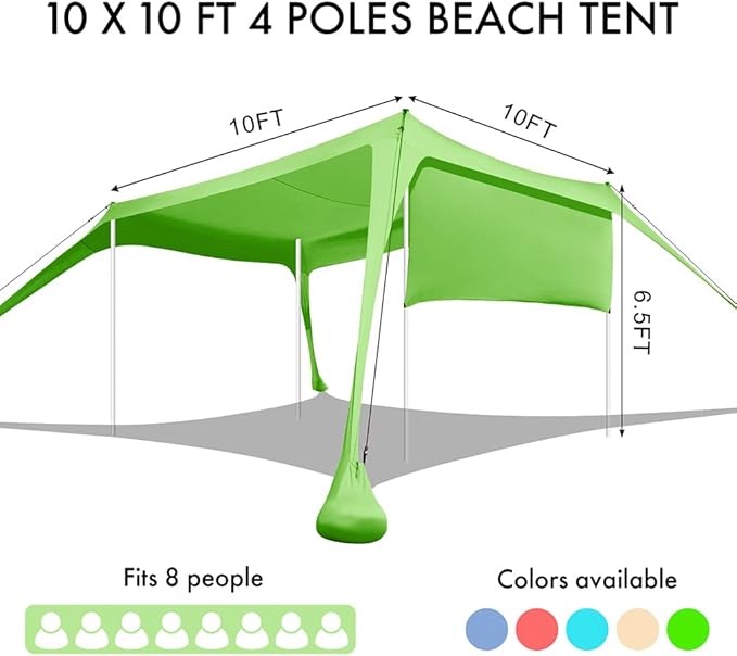 Beach Canopy Tent Shade with Sidewalls 10x10FT, 6.6FT Tall, UPF50+ Sun Shelter, Windproof & Water Resistant, Includes Guylines Sand Shovel Stability Poles, Easy Up for Beach Outdoor Camping Backyard