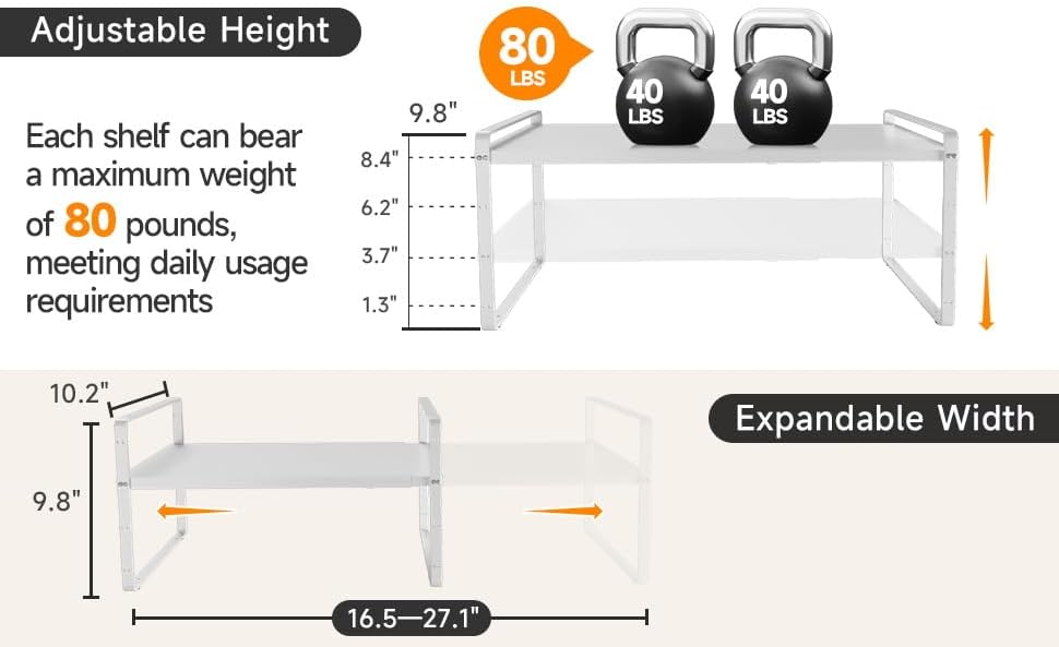 16.5~27.1" Expandable Shelf Organizer, 2Pack 10.2" Wide Stackable Cabinet Shelf Organizers, White Metal Sturdy Kitchen Counter Storage for Countertop, Adjustable Height Spice Rack