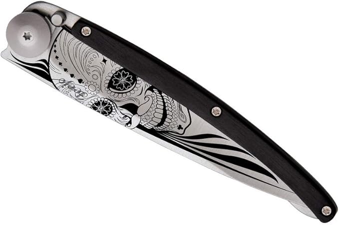deejo - Ultra-lightweight folding pocket knife with clip belt - Ebony version 1.3 oz - Thin blade and sharp - Latino Skull Design - Steel stainless steel - Elegant and modern design