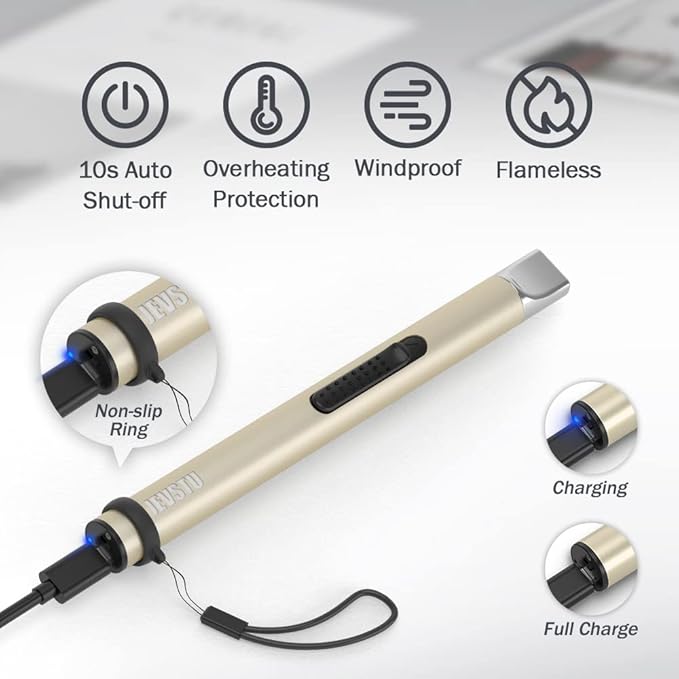 Candle Lighter, Electric Lighter Rechargeable USB Lighter, Arc Windproof Flameless Plasma Lighter Long Stick with Rope and Ring, No Butane Fluid, Perfect for Candle BBQ Camping Kitchen Stove, Gold