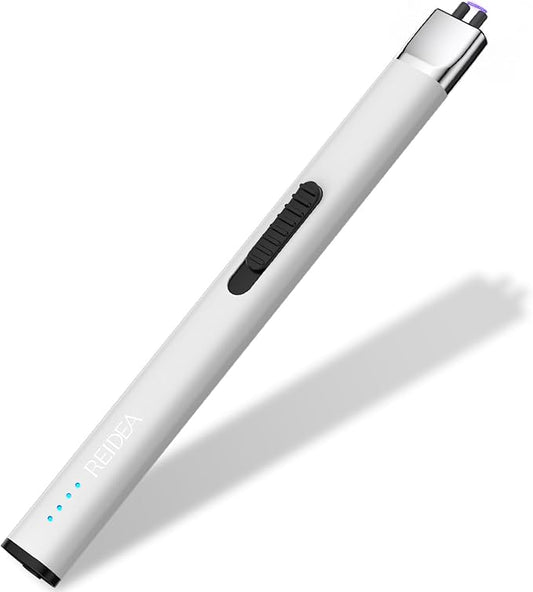 REIDEA Lighter R1 Flat Electronic Candle Lighter, Windproof Flameless USB Rechargeable Arc Lighter with Safe Button and Power Indicator for Candle, BBQ and Fireworks, White