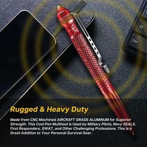 Tactical Pen Multitool – Gifts For Men Dad - Diamond Thread Grip, Strong Rugged Aluminum EDC Survival Gear, Pocket Military Writing Glass Breaker, Pen Collection - Red
