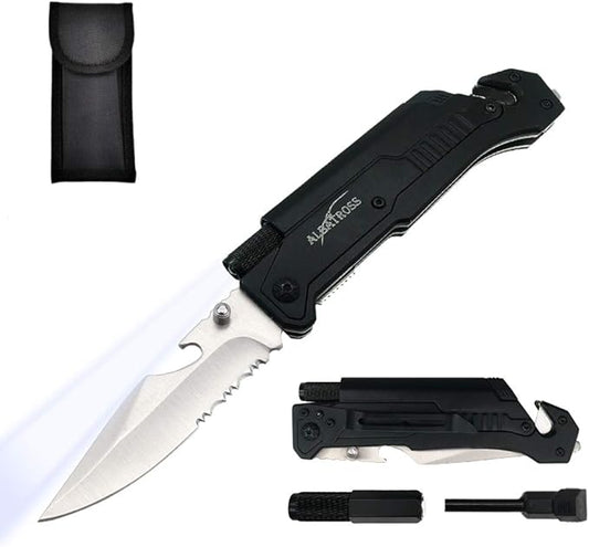 ALBATROSS Best 6-in-1 Survival Tactical Military Folding Pocket Knives with LED Light,Seatbelt Cutter,Glass Breaker,Magnesium Fire Starter,Bottle Opener;Multi-Function Emergency Tool(Black-2)