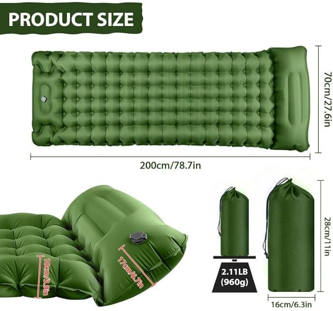 Sleeping Pad for Camping Large,79×28×4"Inflatable Camping Pad Built-in Foot Pump and Pillow,Single Camping Air Mattress,Ultralight & Portable Camping Mattress Sleeping Pad for Hiking,Tent,Army Green