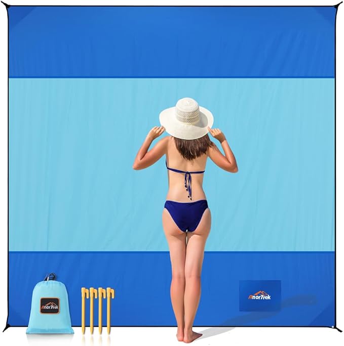 Beach Blanket Sandproof, Extra Large Beach Mat, Sand Free Mat Quick Drying, Lightweight, Soft & Durable Mat for Beach, Yard (Blue & Sky Blue, 10 x 10 FT (1～9 Person))