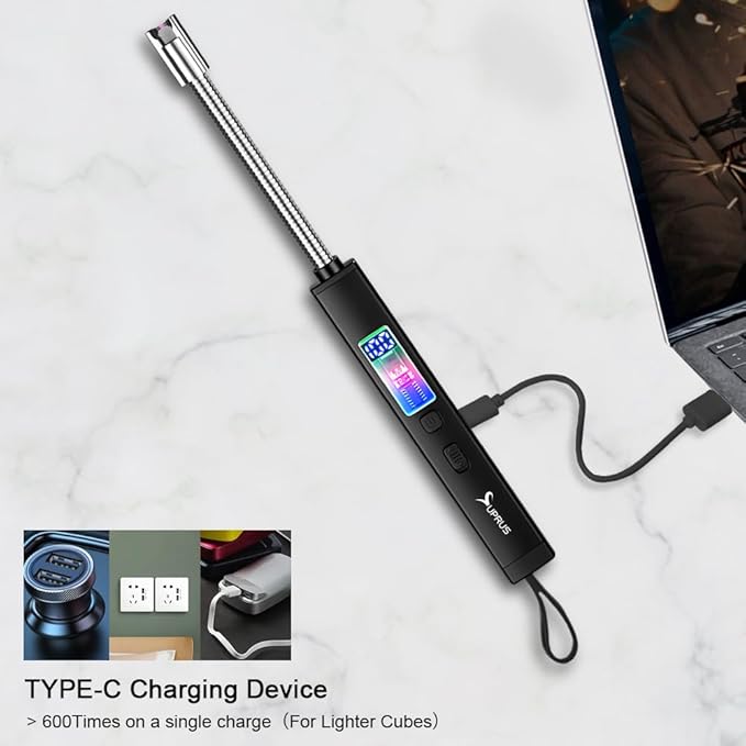 SUPRUS Electric Candle Lighter USB-C Rechargeable with Digital Battery Display Ambient Lighting Safety Switch 360° Flexible Neck Flameless Plasma Windproof Perfect for Candle BBQ Camping (Black)
