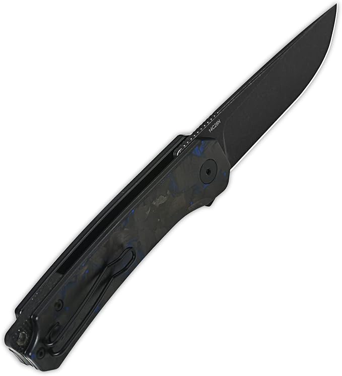 QSP Knife Osprey Folding Knife, 3.25in 14C28N Blade with Different Handle Variants, Reversible Tip Up Clip for Everyday Carry (Black stonewash blade, shredded blue CF overlay G10)