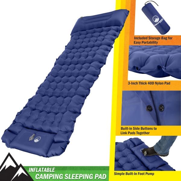 Wakeman Sleeping Pad for Camping - Inflatable Mat with Built-in Foot Pump - Waterproof Camp Mattress - Camping Gear Must Haves Outdoors (Blue)