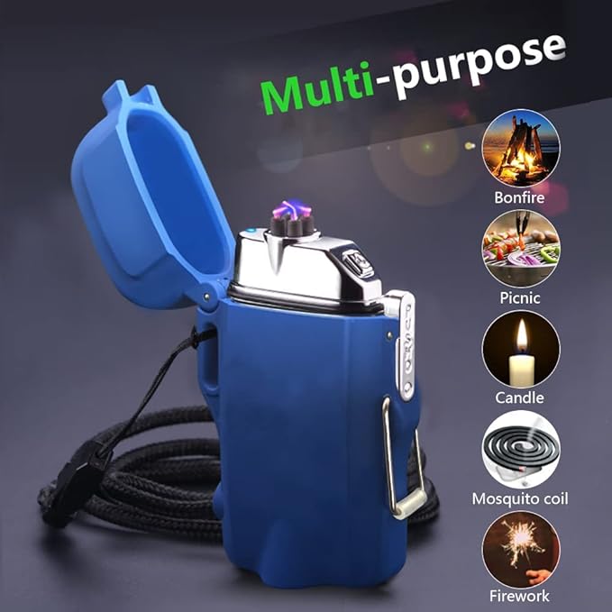 GADATOP Electric Lighter, Outdoor Waterproof Double arc Lighter Windproof Lighter, Rechargeable USB Lighter flameless Plasma Lighter with LED Torch with Lanyard, Suitable for Camping, Hiking (Blue)