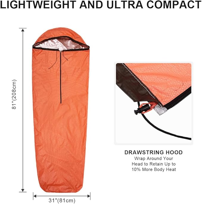 Emergency Sleeping Bag Thermal Bivvy, Lightweight Survival Sleeping Bags Thermal Bivy Sack Portable, Compact, Waterproof, Reusable for Camping, Hiking, Outdoor, Activities