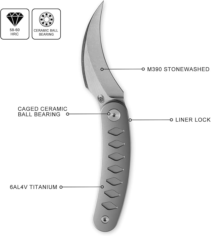 Knife Kage C03 Folding Knife,2.52" M390 Stonewashed Mirror Blade Pikal Knife,3.39" 6AL4V Titanium Handle Pocket Knife,2.61oz Lightweight Outdoor EDC Knife (Silver)