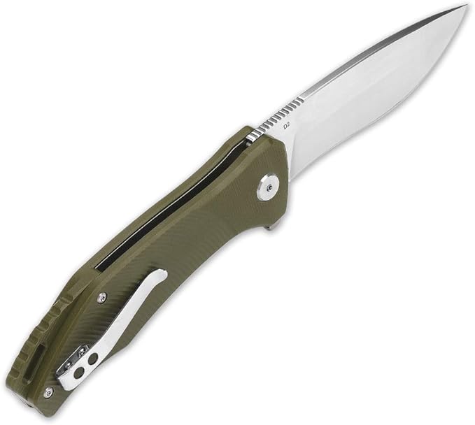 QSP Raven 4.5" Flipper Folding Pocket Knife, D2 Blade G10 handle, smooth flipper opening knife (GREEN)