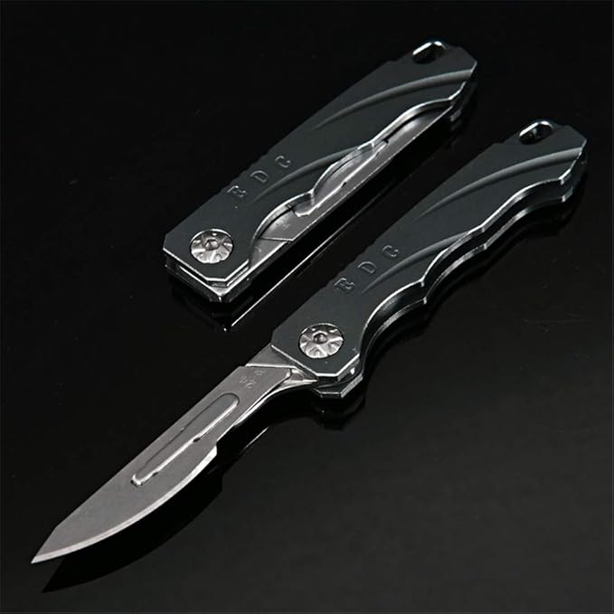 Mini EDC Pocket Knife,Aluminium Alloy Handle Carbon Steel Blade Folding Knife with 10 Extra Replaceable Blades,Portable Lightweight and Compact (Grey)