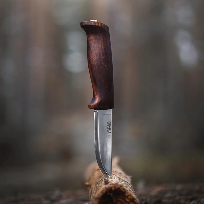 HELLE Knives - Gro- Fixed Blade Knife - Birch Wood Handle - Stick Tang- Camping, Hunting - 12C27 Stainless Steel - Leather Sheath - Made in Norway